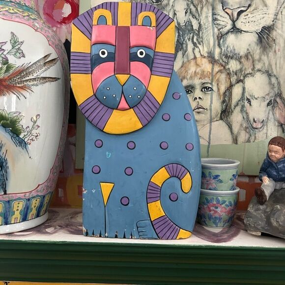 Indonesian Painted Wood Folk Art Lion Vintage - Picture 4 of 11